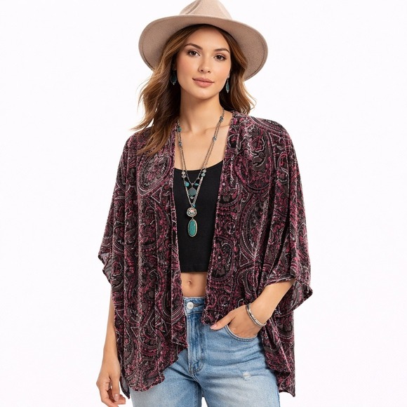 World Market Jackets & Blazers - World Market Burgundy Paisley Burnout Velvet Kimono Wrap One Size Open Front